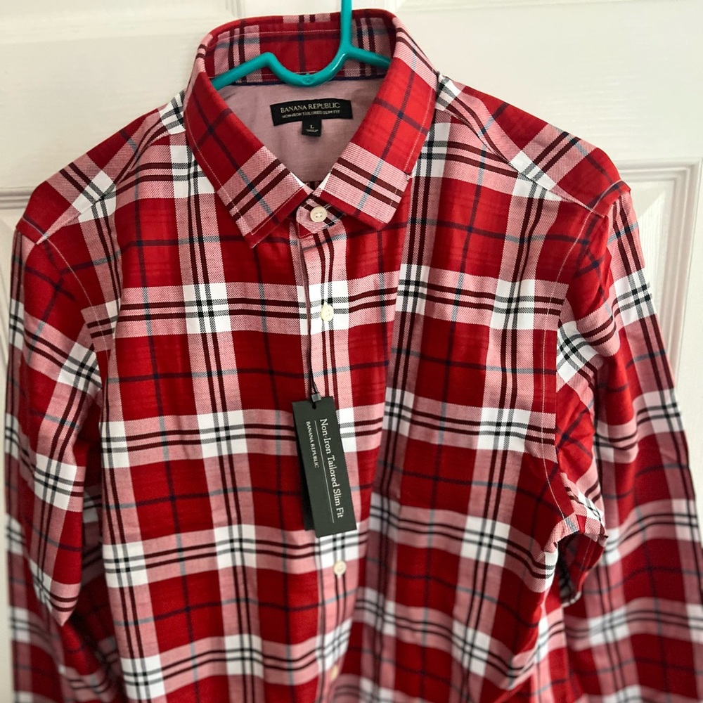 Banana Republic Men's Red and White Plaid Shirt